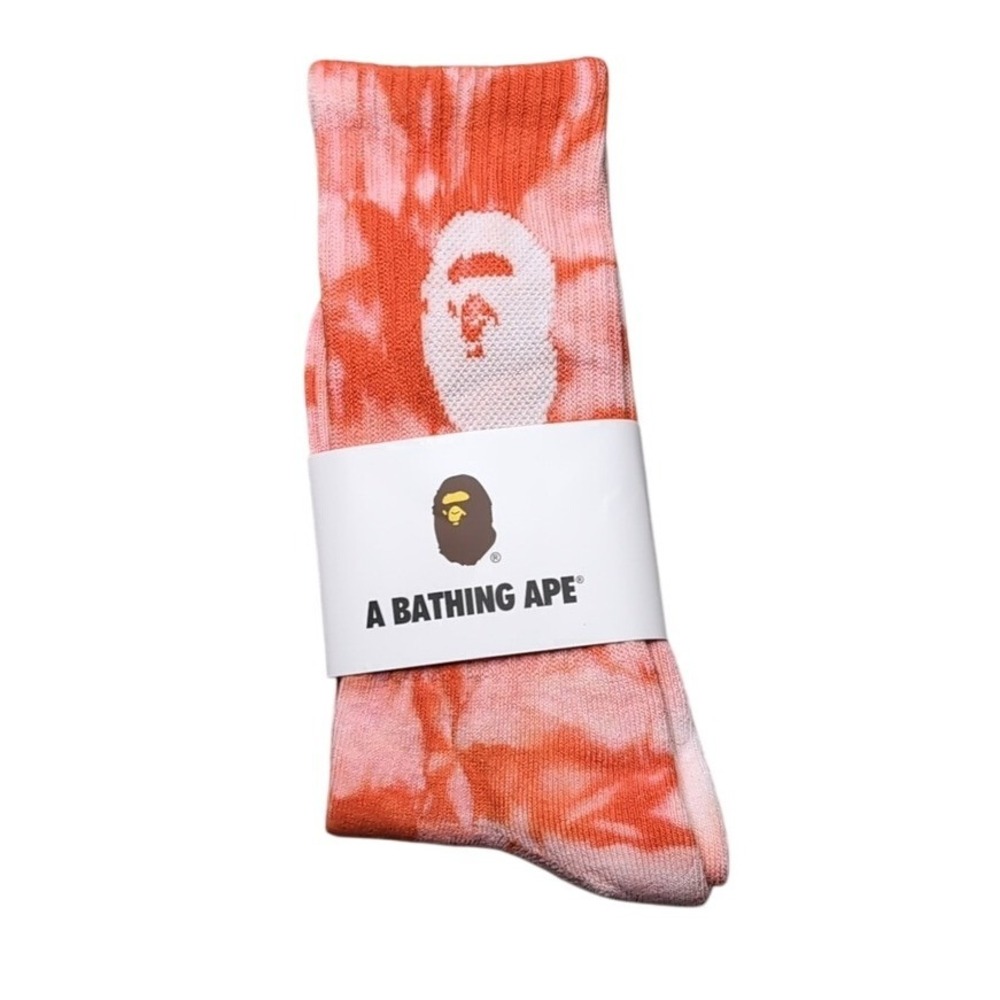 Bape Crew Socks Ape Head Logo Mens Womens Unisex Size 9-11 Red Tie Dye Acid Wash